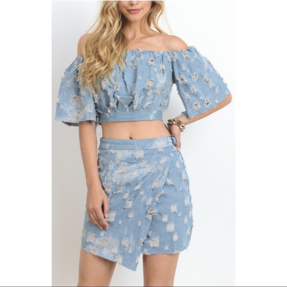 HOMMAGE Dresses & Skirts - Hommage Distressed Denim Skirt and Top Set Size Small